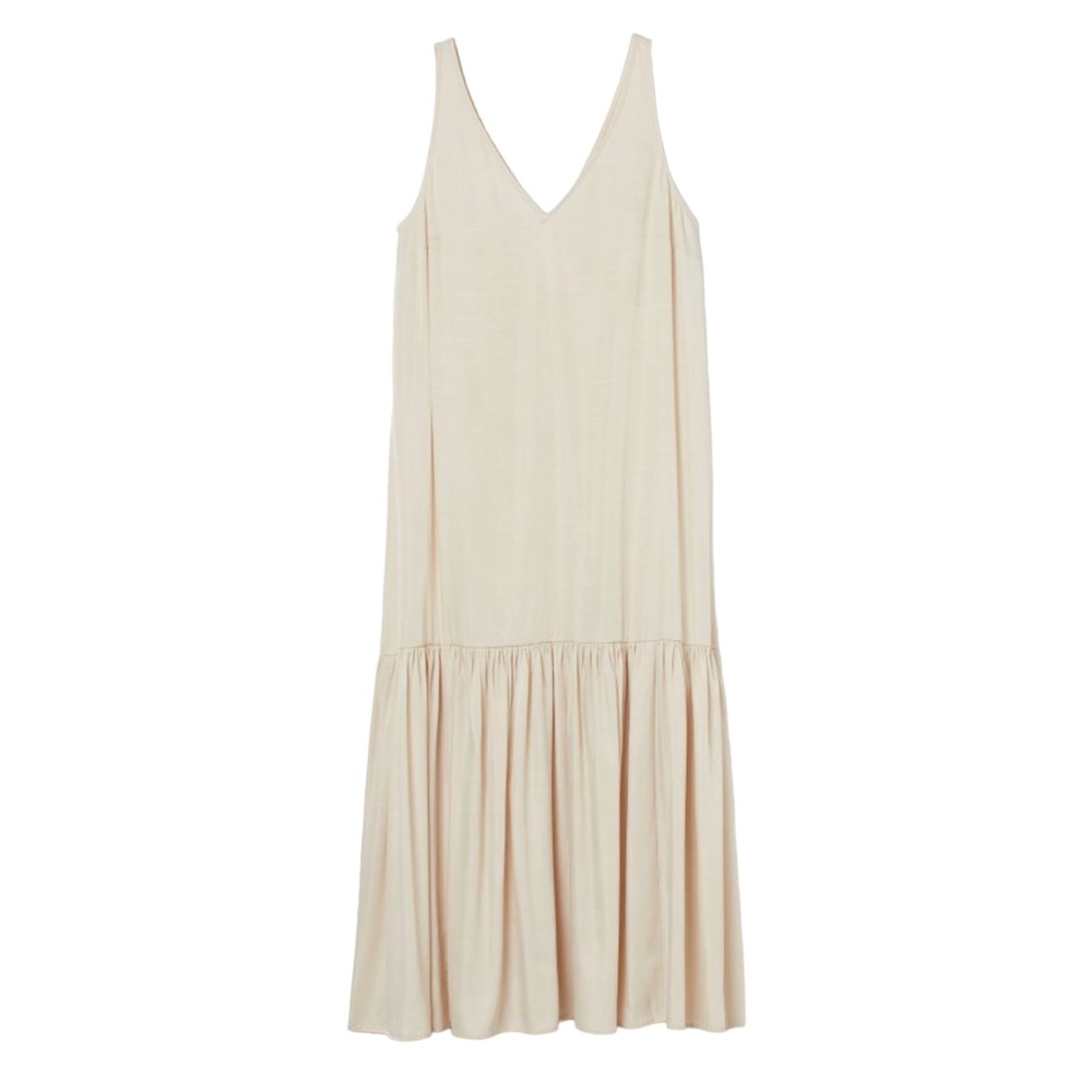 H&M Sleeveless Maxi Length Woven V-Neck Relaxed Loose Fit Dress in Light Beige